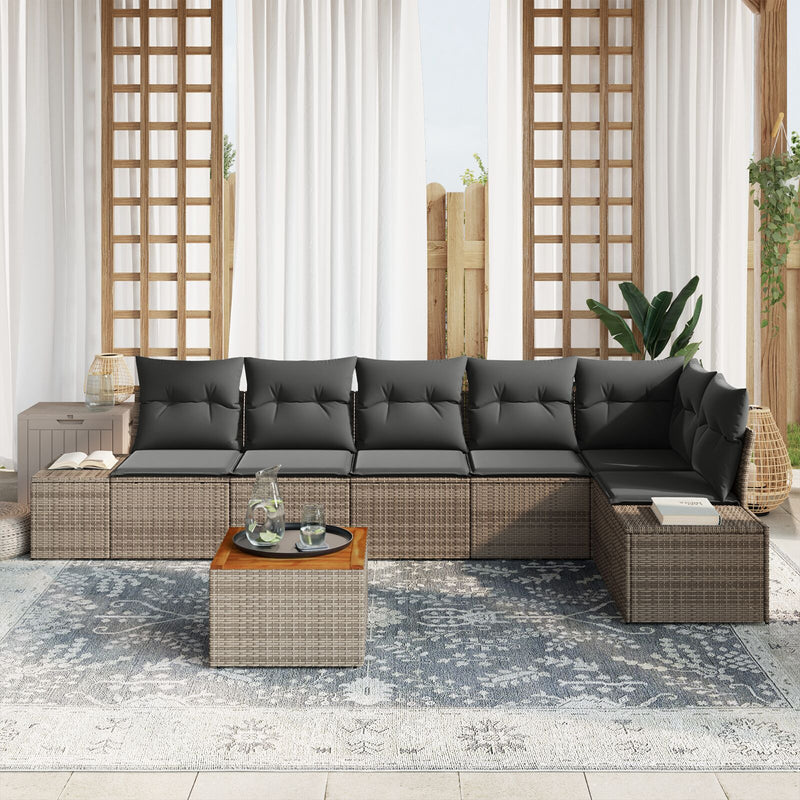 7 Piece Garden Sofa Set with Cushions Grey Poly Rattan Acacia