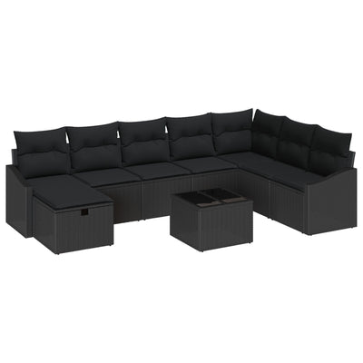 9 Piece Garden Sofa Set with Cushions Black Poly Rattan