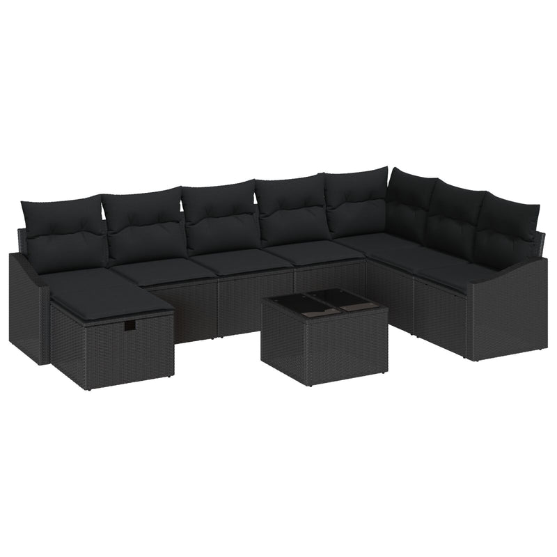 9 Piece Garden Sofa Set with Cushions Black Poly Rattan