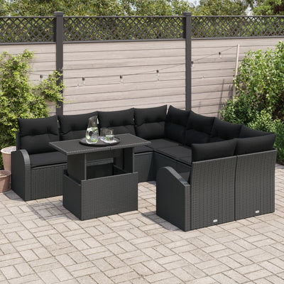 9 Piece Garden Sofa Set with Cushions Black Poly Rattan