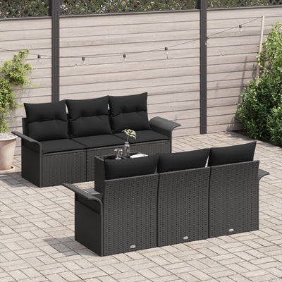 7 Piece Garden Sofa Set with Cushions Black Poly Rattan