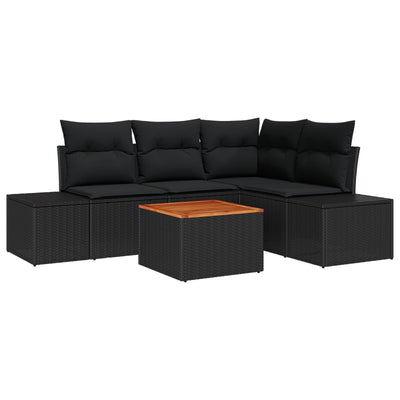 5 Piece Garden Sofa Set with Cushions Black Poly Rattan Acacia
