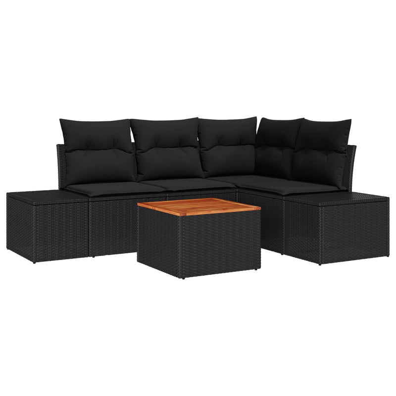 5 Piece Garden Sofa Set with Cushions Black Poly Rattan Acacia