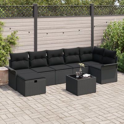 8 Piece Garden Sofa Set with Cushions Black Poly Rattan