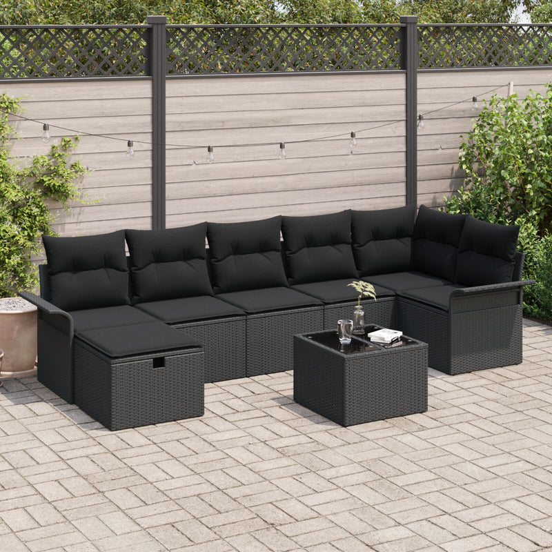 8 Piece Garden Sofa Set with Cushions Black Poly Rattan