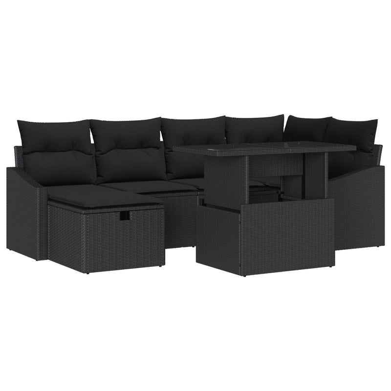 7 Piece Garden Sofa Set with Cushions Black Poly Rattan