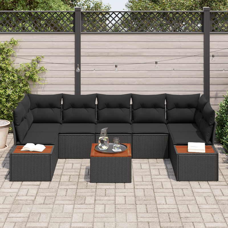 8 Piece Garden Sofa Set with Cushions Black Poly Rattan Acacia