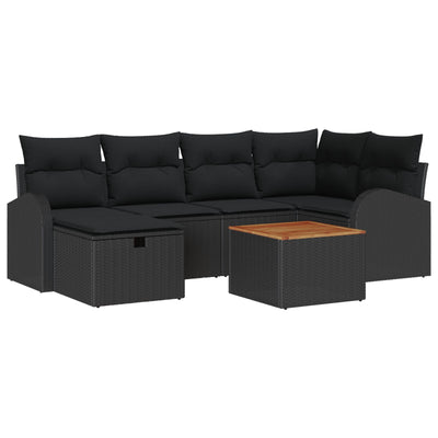 7 Piece Garden Sofa Set with Cushions Black Poly Rattan