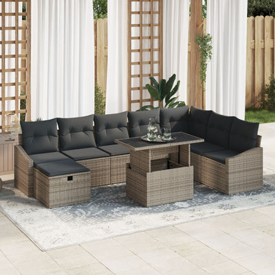 9 Piece Garden Sofa Set with Cushions Grey Poly Rattan