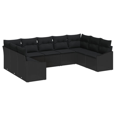 9 Piece Garden Sofa Set with Cushions Black Poly Rattan