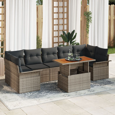 8 Piece Garden Sofa Set with Cushions Grey Poly Rattan Acacia