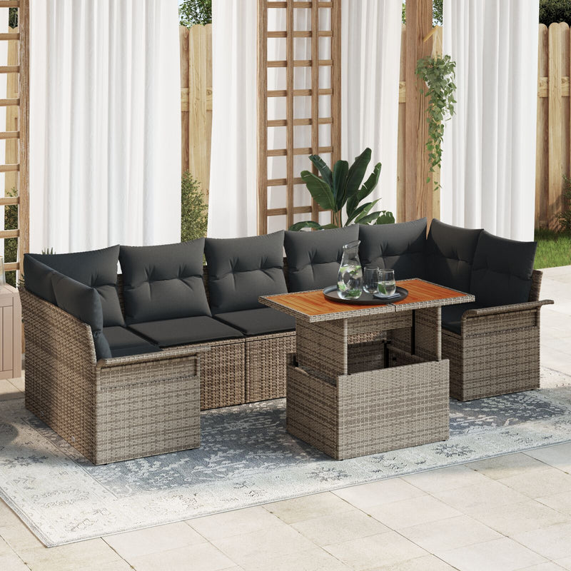 8 Piece Garden Sofa Set with Cushions Grey Poly Rattan Acacia