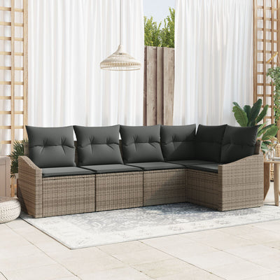 5 Piece Garden Sofa Set with Cushions Grey Poly Rattan