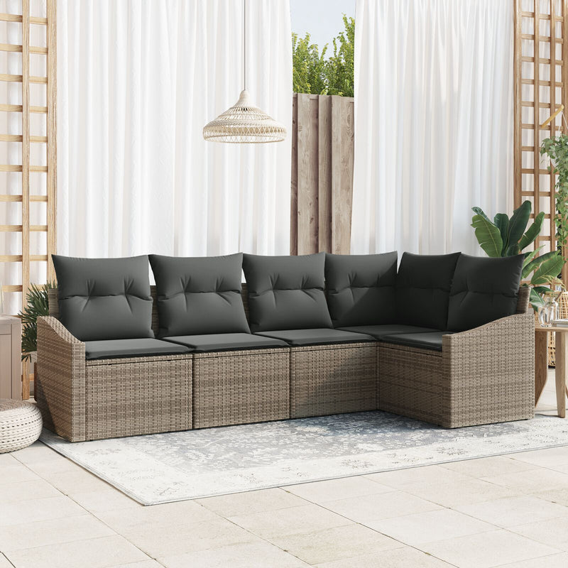 5 Piece Garden Sofa Set with Cushions Grey Poly Rattan