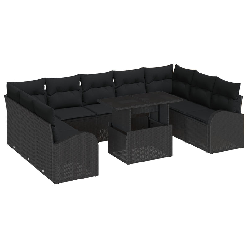 10 Piece Garden Sofa Set with Cushions Black Poly Rattan