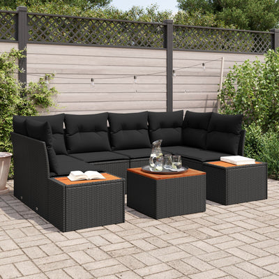 7 Piece Garden Sofa Set with Cushions Black Poly Rattan Acacia