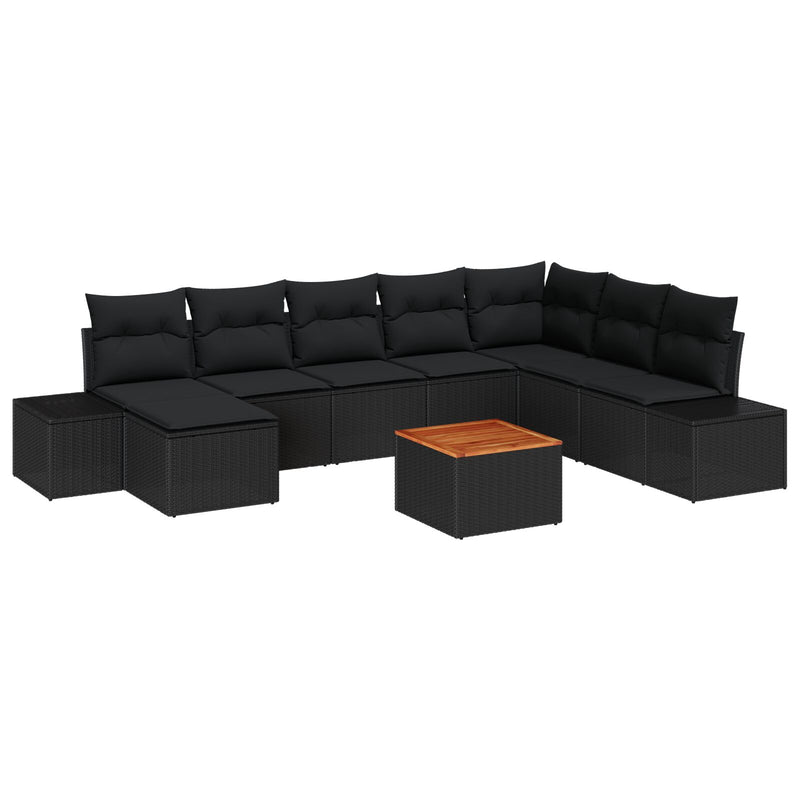 9 Piece Garden Sofa Set with Cushions Black Poly Rattan Acacia
