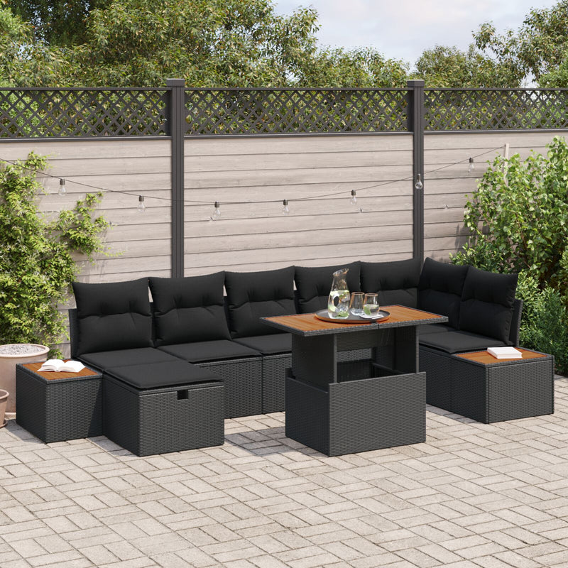 8 Piece Garden Sofa Set with Cushions Black Poly Rattan