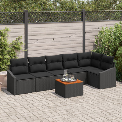 7 Piece Garden Sofa Set with Cushions Black Poly Rattan Acacia