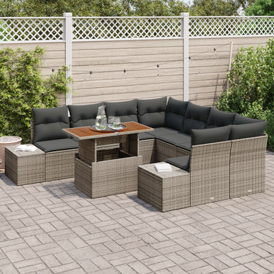 9 Piece Garden Sofa Set with Cushions Grey Poly Rattan