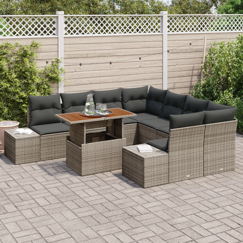 9 Piece Garden Sofa Set with Cushions Grey Poly Rattan