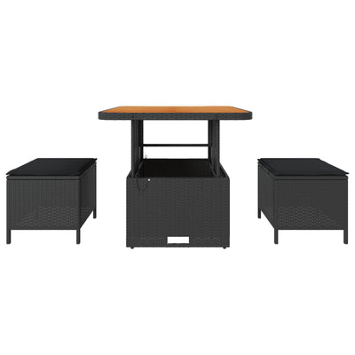 3 Piece Garden Dining Set with Cushions Black Poly Rattan Acacia