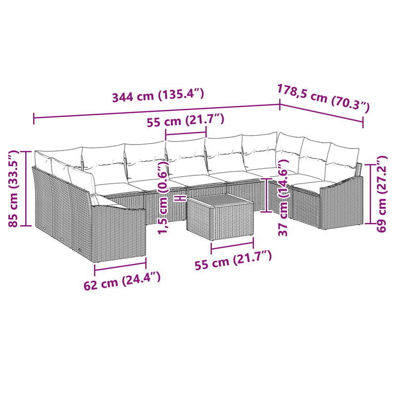 11 Piece Garden Sofa Set with Cushions Grey Poly Rattan Acacia