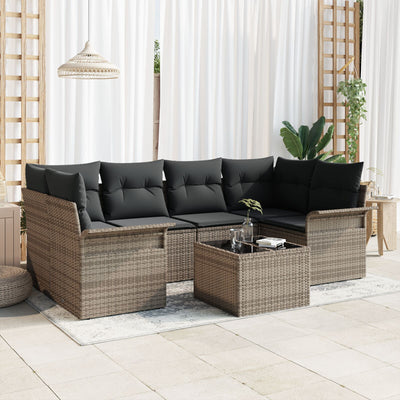 7 Piece Garden Sofa Set with Cushions Grey Poly Rattan
