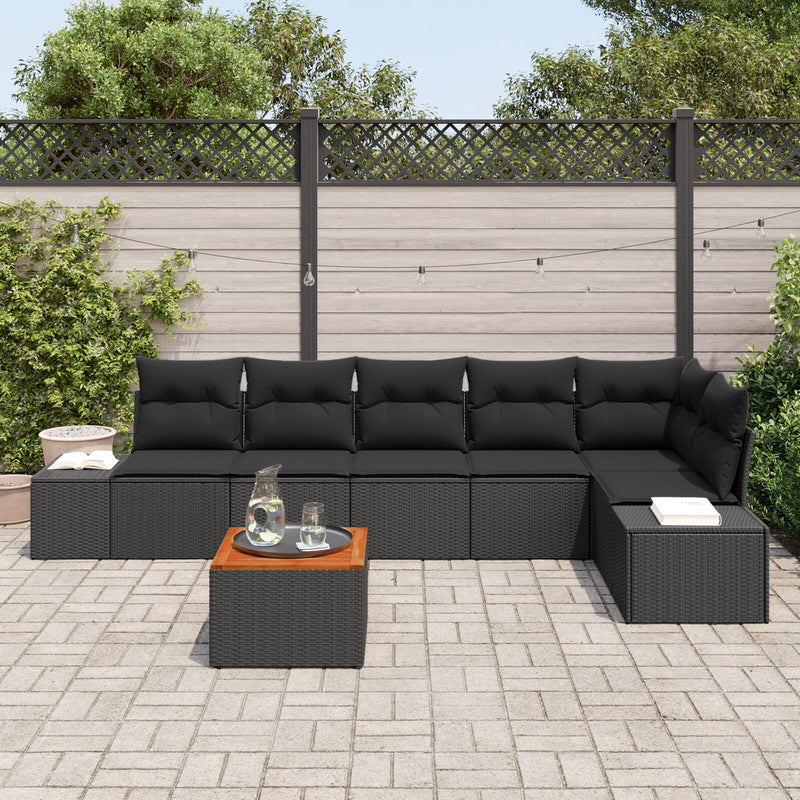 7 Piece Garden Sofa Set with Cushions Black Poly Rattan Acacia