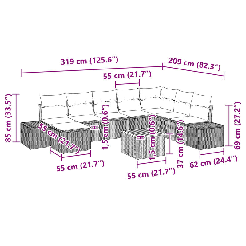 9 Piece Garden Sofa Set with Cushions Black Poly Rattan Acacia