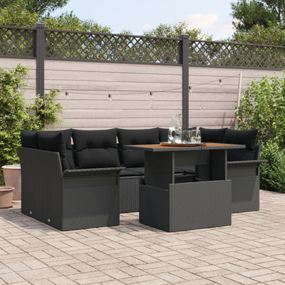 7 Piece Garden Sofa Set with Cushions Black Poly Rattan Acacia