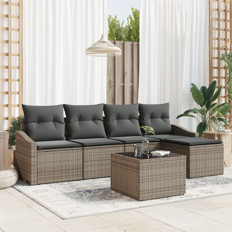 5 Piece Garden Sofa Set with Cushions Black Poly Rattan