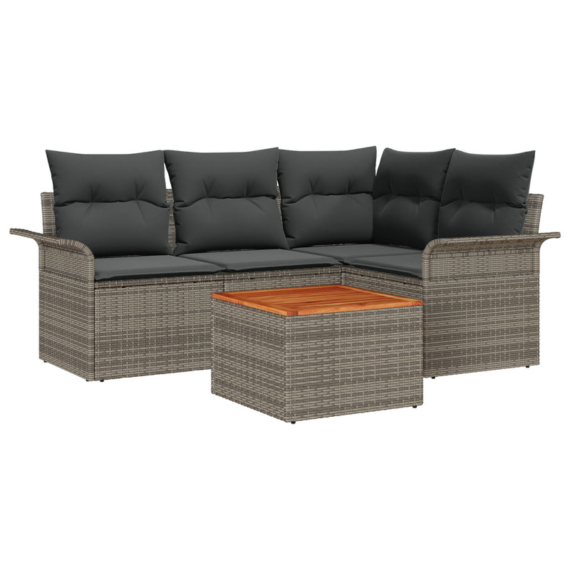 5 Piece Garden Sofa Set with Cushions Grey Poly Rattan Acacia