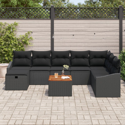 9 Piece Garden Sofa Set with Cushions Black Poly Rattan
