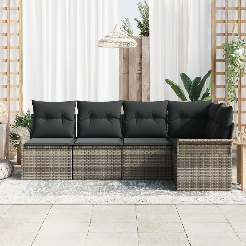 5 Piece Garden Sofa Set with Cushions Grey Poly Rattan