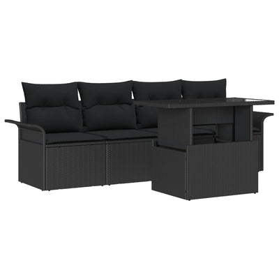 5 Piece Garden Sofa Set with Cushions Black Poly Rattan