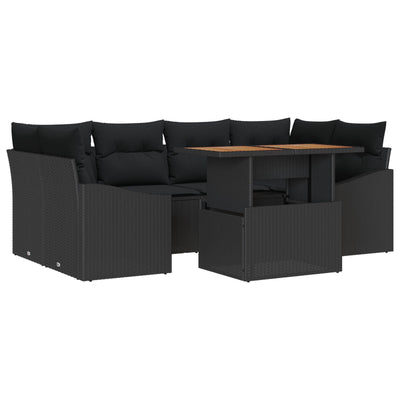 7 Piece Garden Couch Set with Cushions Black Poly Rattan