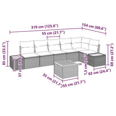 7 Piece Garden Sofa Set with Cushions Black Poly Rattan Acacia