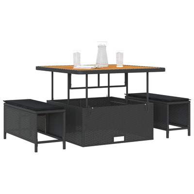 3 Piece Garden Dining Set with Cushions Black Poly Rattan Acacia