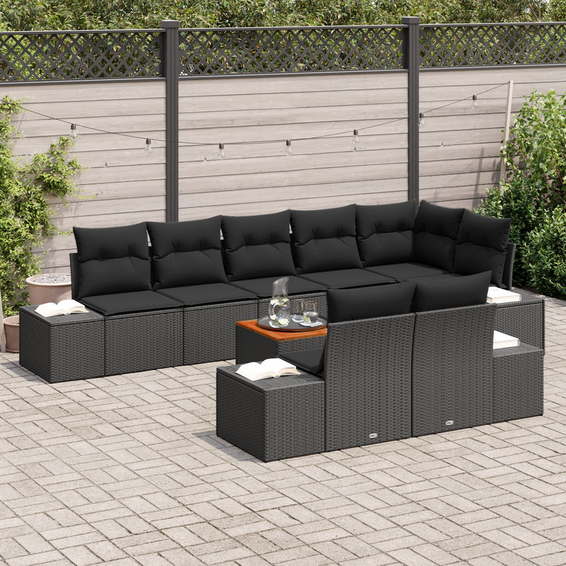 9 Piece Garden Sofa Set with Cushions Black Poly Rattan Acacia