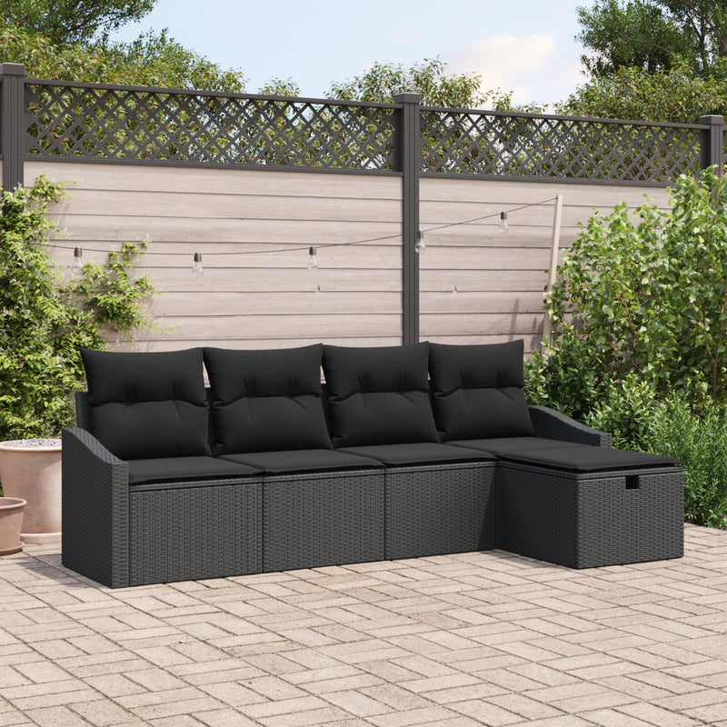 5 Piece Garden Sofa Set with Cushions Black Poly Rattan
