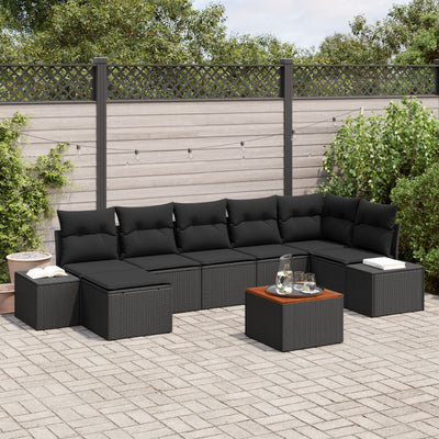 8 Piece Garden Sofa Set with Cushions Black Poly Rattan Acacia