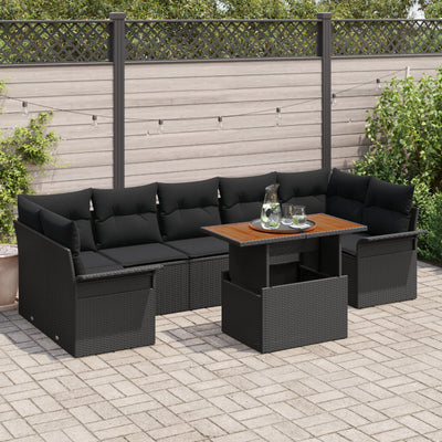 8 Piece Garden Sofa Set with Cushions Black Poly Rattan Acacia