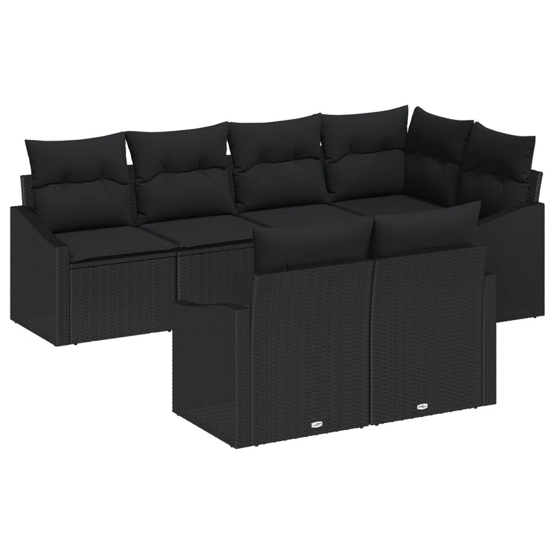 7 Piece Garden Sofa Set with Cushions Black Poly Rattan