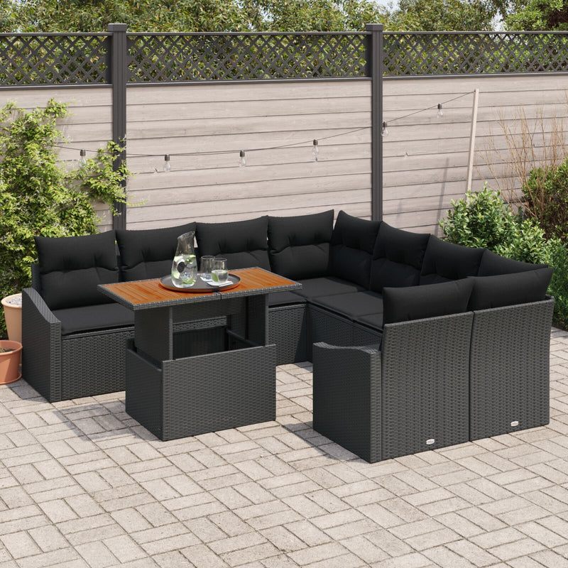 9 Piece Garden Sofa Set with Cushions Black Poly Rattan