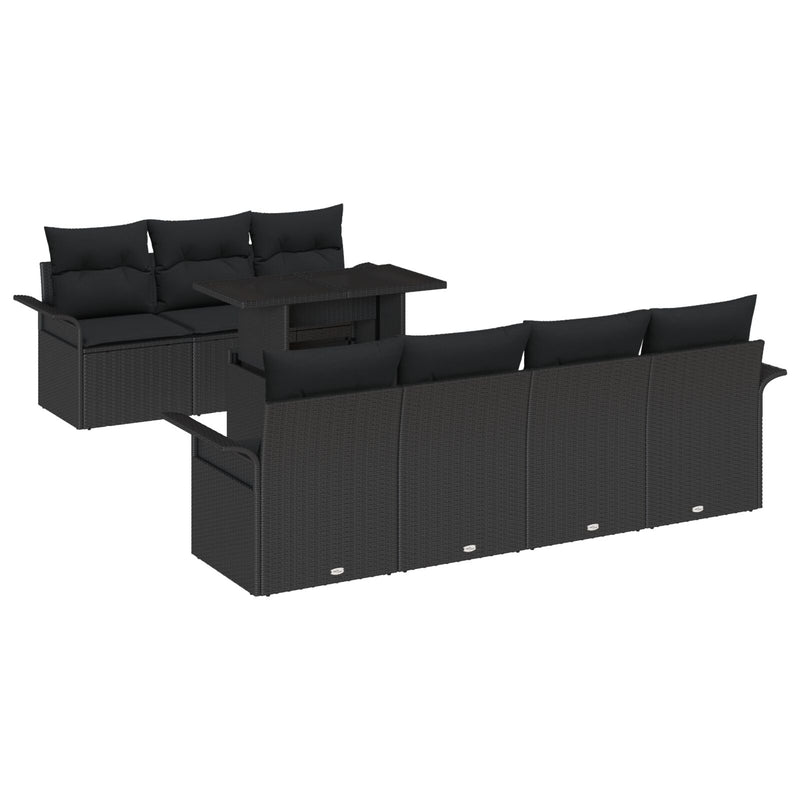 8 Piece Garden Sofa Set with Cushions Black Poly Rattan
