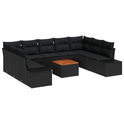 10 Piece Garden Sofa Set with Cushions Black Poly Rattan Acacia