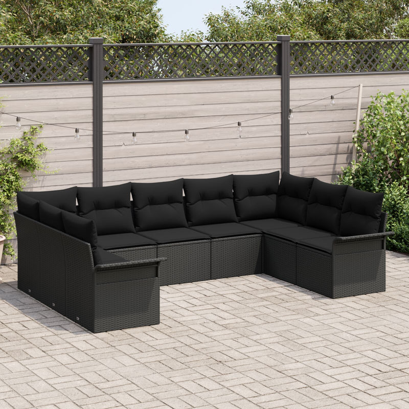 9 Piece Garden Sofa Set with Cushions Black Poly Rattan