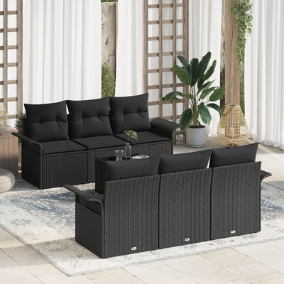 7 Piece Garden Sofa Set with Cushions Black Poly Rattan