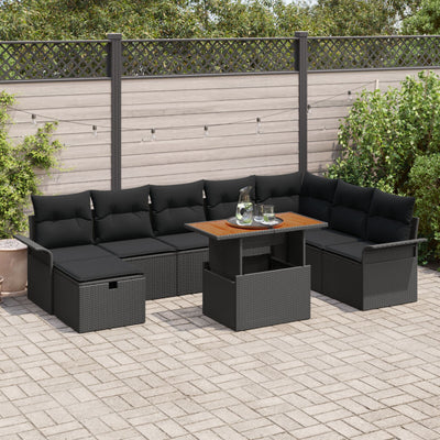 9 Piece Garden Sofa Set with Cushions Black Poly Rattan